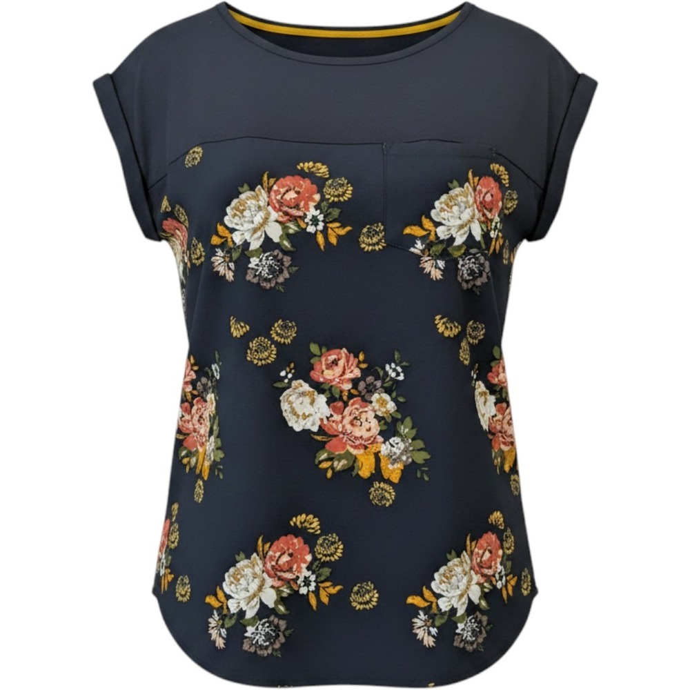 Mason & Belle Mixed‎ Fabric Top M Navy + Multi Color Autumnal Floral Boho Pocket